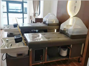 Station <span class=keywords><strong>de</strong></span> coiffure mobile moderne avec lavabo spa, circulation d'eau à vapeur, <span class=keywords><strong>lit</strong></span> <span class=keywords><strong>de</strong></span> shampooing pour salon, construction métallique - Product Image 4