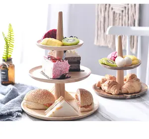 Creative Eco Friendly Wholesale Party Wedding Candy Tray 3 Layer Hotel Acacia Dessert Woood Hotel Cake Serving Plate