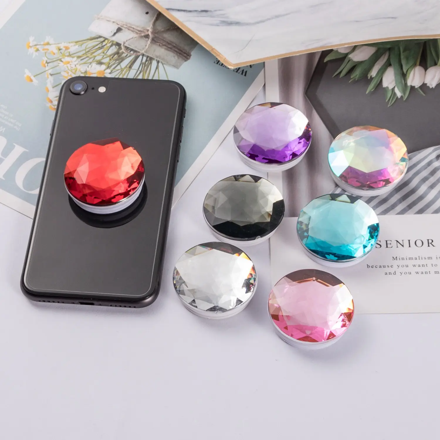 Wholesale 3D Cute Colorful Gemstone Crystal Diamond Transparent Mobile Phone Grip Bracket Folding Stand Holder Desk Lazy Bracket