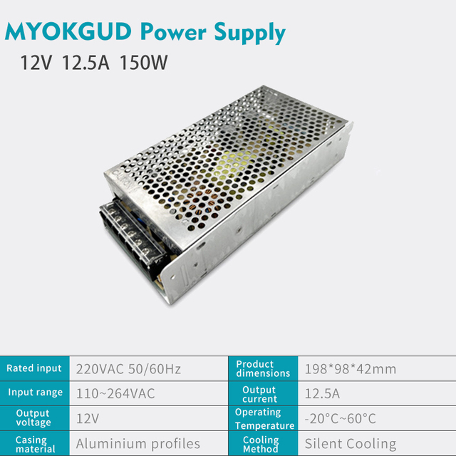 150W 12V 12.5A Aluminum-Housed Switching Power Supply, Mini LED Power Supply, Suitable for Low-Voltage Equipment and Light Boxes