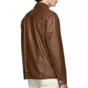 Custom Brown Pu Leather Jackets Button Placket Pockets Vintage Turn Down Collar Gentlemen Jackets