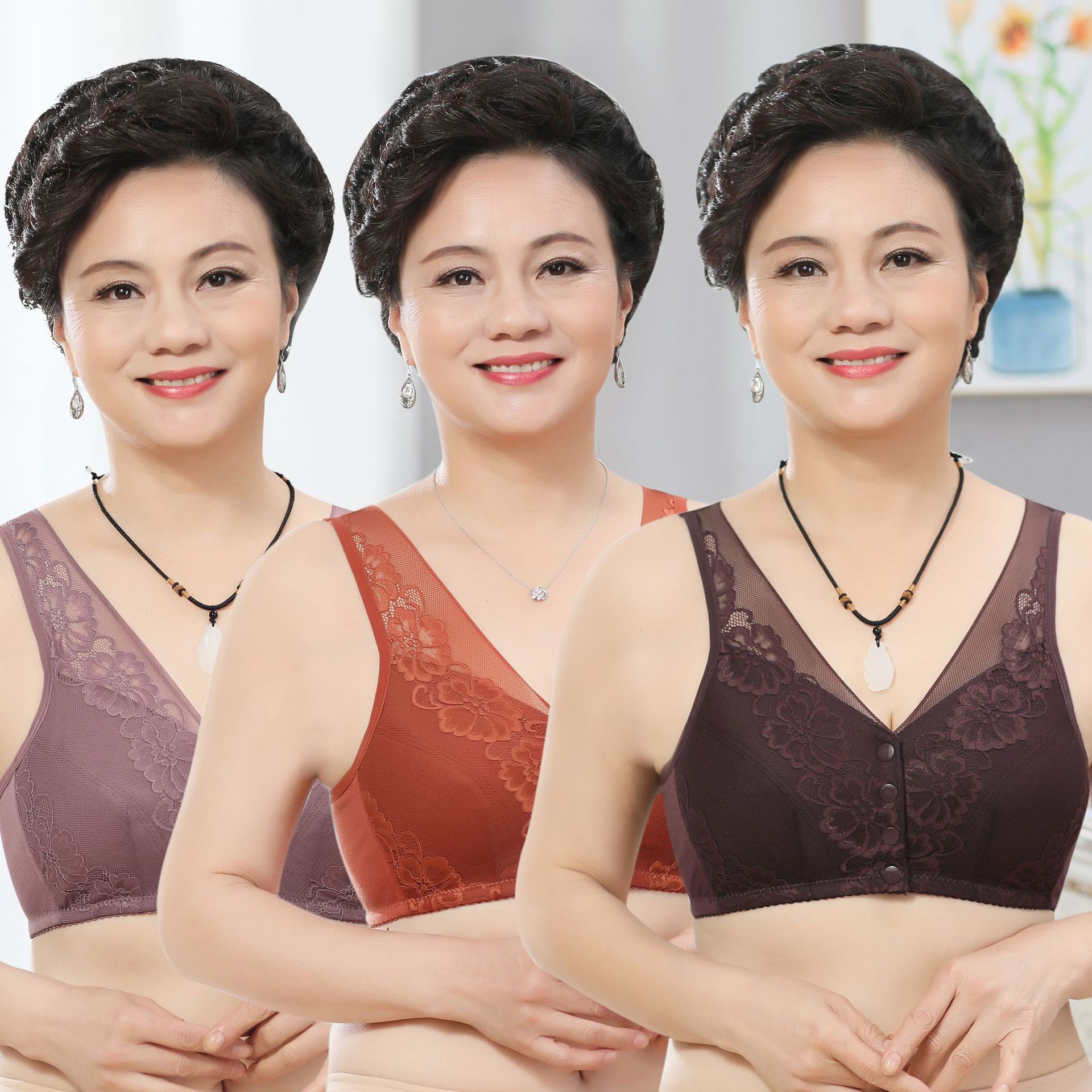 Hot Selling Seamless Floral Lace Bra for Middle Aged Elderly Women Women's Push-up Underwear with Big Cup No Wires Made Cotton