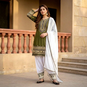 Costume Anarkali traditionnel pour femmes, vert olive, brodé, avec dupatta blanc, coupe ample, style indien pakistanais, vêtements décontractés - Product Image 1