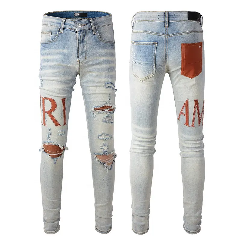 840 Fashion design casual y2k clothing spring summer ripped jeans high quality streetwear men's jeans patches denim jeans