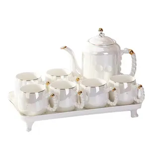 Ensemble d'eau en céramique de verre de perle nordique couleur émaillée or bord tasse à café service à thé avec plateau