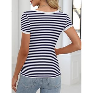 FOXA Women Short Sleeve Ribbed Knit Top Square Neck Fitted Casual Summer Basic Tee Striped Cotton Spandex <b>Blend</b> - Product Image 4