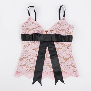Vintage Lace Cami <b>Top</b> Women V-Neck Satin Bow Tie Colorblock Slim Fit Breathable Y2K Pink Cropped Casual Camisole Blouse - Product Image 5