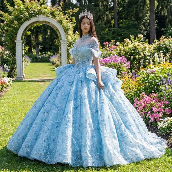 crystal blue dress Sky Ball Gown Quinceanera Dresses Party Ruffles High Neck 16 Birthday Princess Gowns vestidos de quinceañera 1221 Size:8 Years pink evening dress Red Scarf with Skater Wedding dress Straps Sleeves