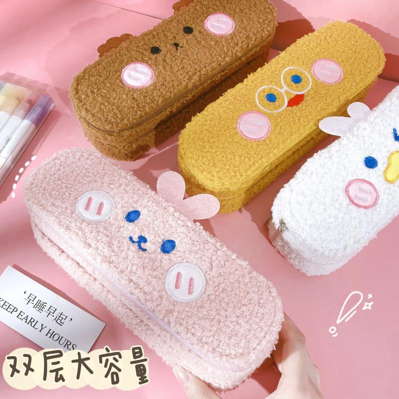 Мультяшный плюшевый двухслойный пенал для студентов с большой емкостью милый детский пенал