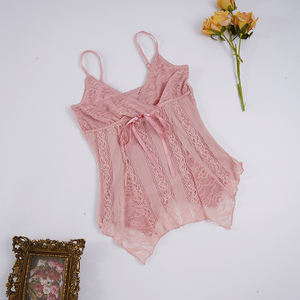 Women's Breathable Sweet Pink Lace V-neck Camisole <b>Top</b> | High <b>Waist</b> <b>Tie</b> Front Design | Slimming Basic Tank - Product Image 6