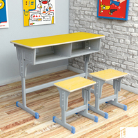 Ensemble bureau et chaise d'étude 2 places en contreplaqué jaune moderne, durable et écologique, avec structure en acier, style indonésien, pour école, maison, bureau, chambre