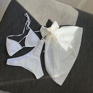 Conjunto de traje de baño de tres piezas para mujer, bikini de color liso acanalado sin espalda con tirantes ajustables de elastano/algodón para natación/deportes acuáticos - Product Image 1