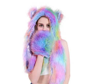 Fashion Winter Rainbow Faux Fur Furry Party Hoodie Hat Scarf Gloves Sets