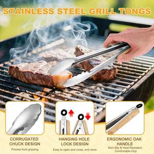 Pinzas para Barbacoa de Acero Inoxidable con Mango de Roble, Pinzas para Parrilla, Pinzas para Alimentos para Cocina - Product Image 2