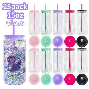 25 pièces, entrepôt USA, 15 oz, gobelet en verre à double paroi vierge pour sublimation, effet boule à neige avec paillettes fluides, pré-percé - Product Image 4