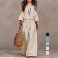 Ensemble pantalon 2 pièces décontracté et élégant pour femme, en coton, couleur unie, coupe ample, à épaules dénudées, manches longues, ajouré, avec pantalon large