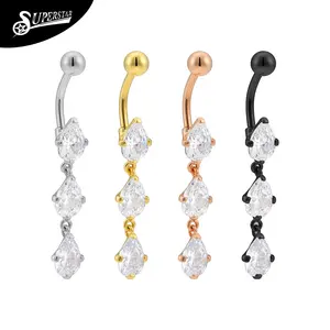 Custom Belly Button Ring Prong Setting Teardrop Clear Zirconia Body Piercing Jewelry Titanium Externally Threaded Belly Rings