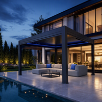 Pergola motorisée en aluminium noir 3x4m pour jardin aménagé, faible entretien, résistante au vent, éclairage LED pour balcon et espace de loisirs