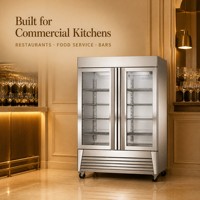 Congélateur vertical à six portes en acier inoxydable avec commande numérique, compresseur, roulettes et plateaux, idéal pour la restauration et le service alimentaire