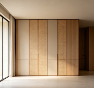 Armoire <span class=keywords><strong>de</strong></span> Plafond Incliné Moderne Écologique <span class=keywords><strong>de</strong></span> Classe E0, en Bois et Rotin, Sur Mesure, avec Coins Arrondis, pour Loft ou Grenier - Product Image 4