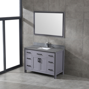 Ensemble de meuble-lavabo de salle de bain en bois massif gris industriel avec miroir, armoire autoportante à 7 tiroirs et plan de travail en pierre, style farmhouse - Product Image 5