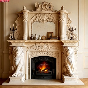 Caminetto in Marmo Beige YOUFINE con Colonne Corinzie e Statue di Aquile e Leoni per Villa di Lusso - Product Image 5