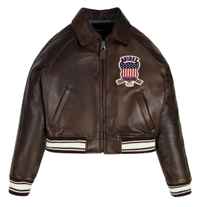 Chaqueta Varsity de Cuero Teñido Transpirable de Alta Calidad para Mujer, Cuello Redondo, Apliques, Color Personalizado, Resistente al Viento, Otoño - Product Image 1