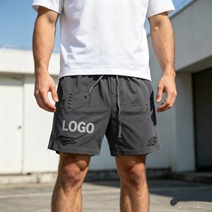 Shorts déchirés gris pour hommes avec cordon de serrage, de haute qualité, personnalisables avec logo sur le devant, en coton décontracté, taille mi-haute, respirants - Product Image 4
