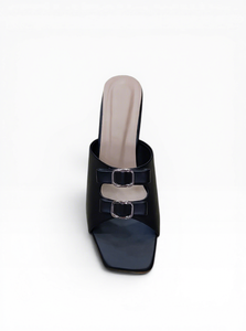 Elegantes Sandalias Negras de Tacón Alto con Punta Cuadrada, Tiras Dobles con Hebilla y Espalda Abierta, Calzado de Moda para Fiestas de Verano para Mujer - Product Image 2
