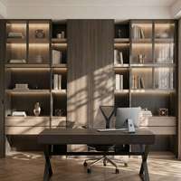 Bibliothèque murale personnalisée avec vitrines intégrées, porte en verre, éclairage d'ambiance, rangement dissimulé pour bureau à domicile moderne