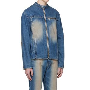 Veste en jean pour homme, style motard, bleu délavé, col montant, fermeture éclair, non extensible, denim biker - Product Image 3