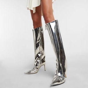 Sepatu bot Wanita hak Stiletto ujung runcing ritsleting kain berpayet tinggi lutut perak metalik seksi kustom mode - Product Image 6