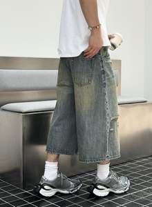 กางเกงยีนส์ขาสั้นสำหรับผู้ชายกางเกงกีฬาขาสั้นสีดำสำหรับ Y2K ทรงแบ็กกี้กางเกงกีฬาแบบสั่งตัดได้ - Product Image 3