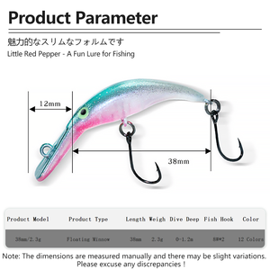 Leurre Micro à Lame Longue <span class=keywords><strong>Chili</strong></span> <span class=keywords><strong>Pepper</strong></span> Sinking Minnow 38mm/2.3g - Leurre de Finesse à Coulée Lente pour Truite et Poisson-chaud avec Hameçon Simple Barbelé - Product Image 5