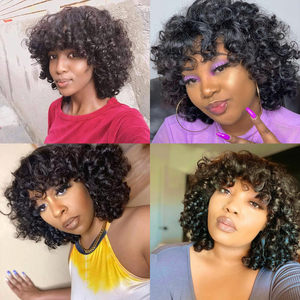 Bouncy sóng ngắn <span class=keywords><strong>Bob</strong></span> tóc giả với bangs đầy đủ máy làm funmi xoăn glueless tóc giả tóc con người cho phụ nữ da đen - Product Image 5