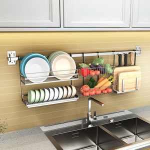 Wall Mounted Dish <b>Rack</b> 304 Stainless Steel Multi Functional Kitchen Storage For <b>Plate</b> Bowl Draining <b>Rack</b> - Product Image 1