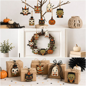 Lot de 10 ornements rétro en <span class=keywords><strong>bois</strong></span> pour Halloween – Fantôme, Citrouille, Chat, Hibou – Étiquettes suspendues en gros pour fêtes et événements - Product Image 3