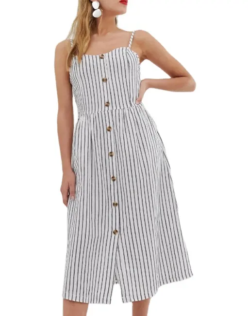 Fashion elegant womens dresses stripe cotton button through cami casual clothing dress ST1081