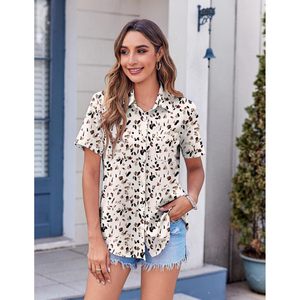 Camisa con botones para mujer, blusa estampada de manga corta, top informal de trabajo, atuendo de verano - Product Image 5