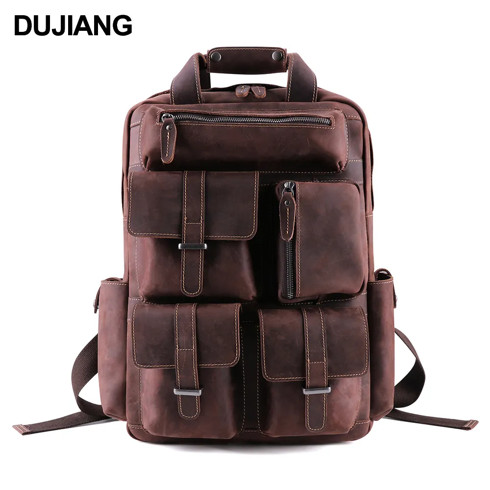 Genuine Leather Multi Pocket Travel Laptop Backpack School Bag Casual Daypack Mens Crazy horse leather Backpack For Travelling