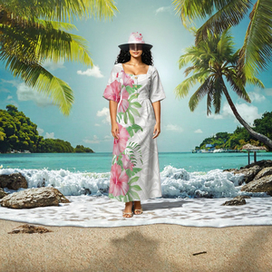Popular Custom Traditional Heat-Transfer Printed <b>Tropical</b> Hibiscus Palm Leaf Print Square Neck Long Maxi <b>Dress</b> Women Half Sleeve - Product Image 2