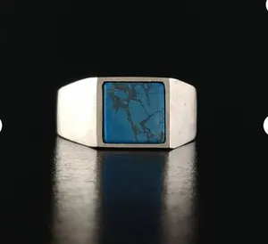 Diseño de moda hecho a mano plata esterlina declaración azul cobre turquesa anillo de sello para hombres mujeres para regalo con sello 925 - Product Image 3