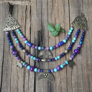 Collier tribal viking à 3 rangs pour femme, perles bleues turquoise superposées, bijoux classiques inspirés du patrimoine slave, broche viking - Product Image 1