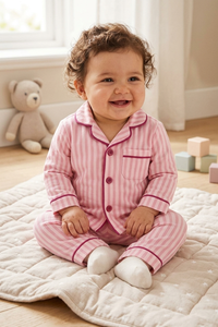 Conjunto de Pijama de 2 Piezas para Bebés Niñas, Camisa con Botones y Pantalones a Rayas Rosas, Cuello Camisero, Algodón Transpirable, Atuendo de Primavera - Product Image 4