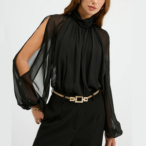 Elegante Blusa Negra Transparente con Manga Transparente, Cuello Alto, Hombro Descubierto y Diseño <span class=keywords><strong>de</strong></span> Espalda Abierta <span class=keywords><strong>para</strong></span> Elegancia Nocturna y Glamour <span class=keywords><strong>de</strong></span> Fiesta - Product Image 2