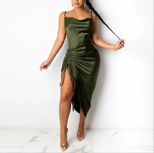 Women's Spaghetti Strap Satin Dress For Party Club A Line Dresses For Cocktail Split Pleated Sexy Dress Knee Length Evening Dres