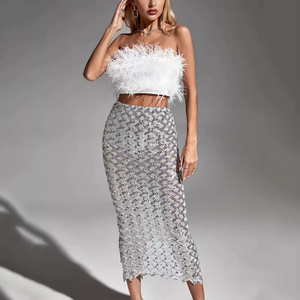 Set <span class=keywords><strong>di</strong></span> Lusso da Donna con <span class=keywords><strong>Gonna</strong></span> in Paillettes e Top Corto con <span class=keywords><strong>Piume</strong></span>, Sexy Completo a Due Pezzi per Feste e Bar - Product Image 2