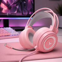 Headset Gaming Pink Berkabel Over-Ear 7.1 Stereo Surround Sound ANC Lampu RGB Peredam Kebisingan Mikrofon Kontrol Tombol Kabel 2m