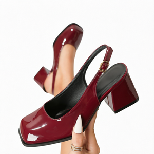 Escarpins slingback en cuir verni à bout carré, talon bloc, bride à boucle, rouges, talons hauts, tendance mode toutes saisons - Product Image 1