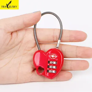 Cadeado de combinação de 3 dígitos, cadeado de segurança personalizado barato, aprovado tsa, cabo de combinação de 3 dígitos, forma de coração, trava de senha